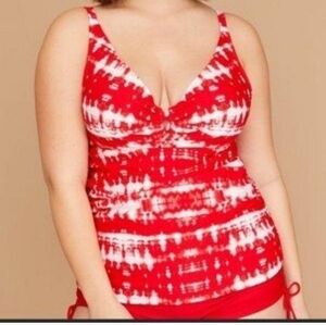 CACIQUE Tankini Top Swim Tie Dye Red White 46DD